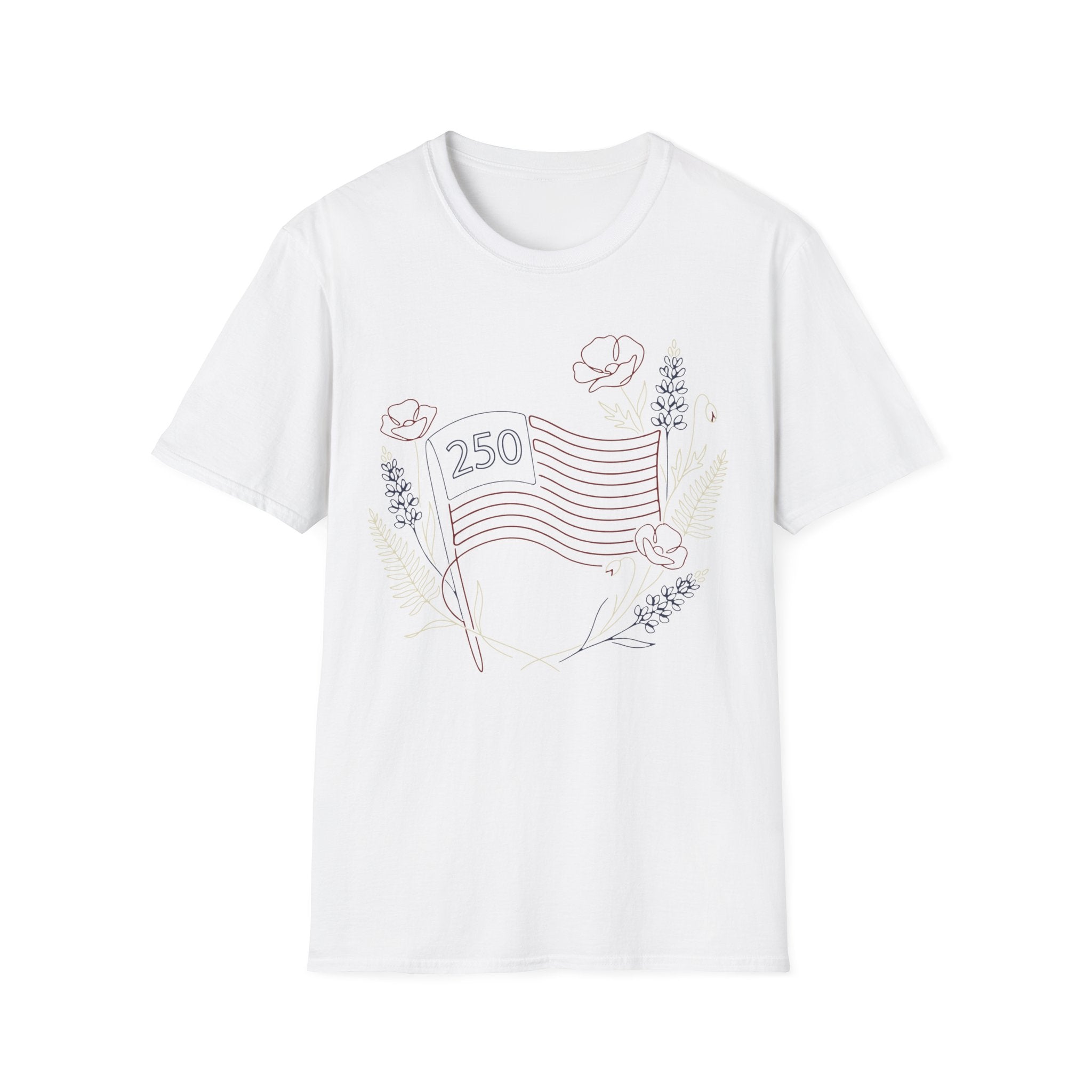 America 250 Floral Line Art Flag T-Shirt | Botanical USA 250th Anniversary Tee