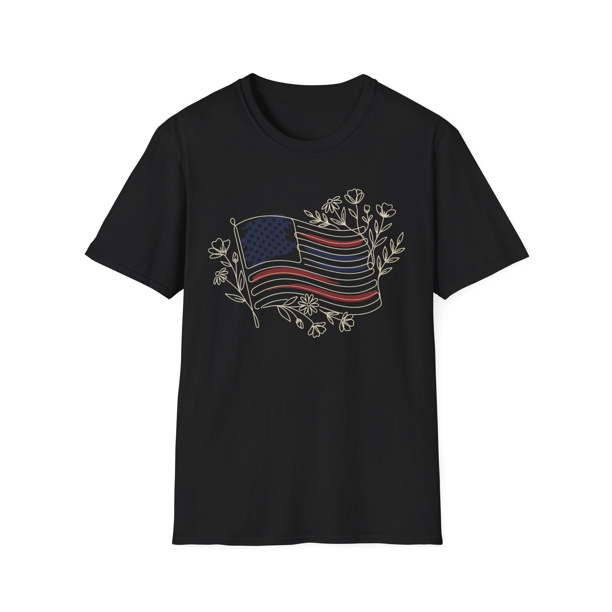Boho Floral American Flag T-Shirt | Botanical Wildflower Patriotic Tee