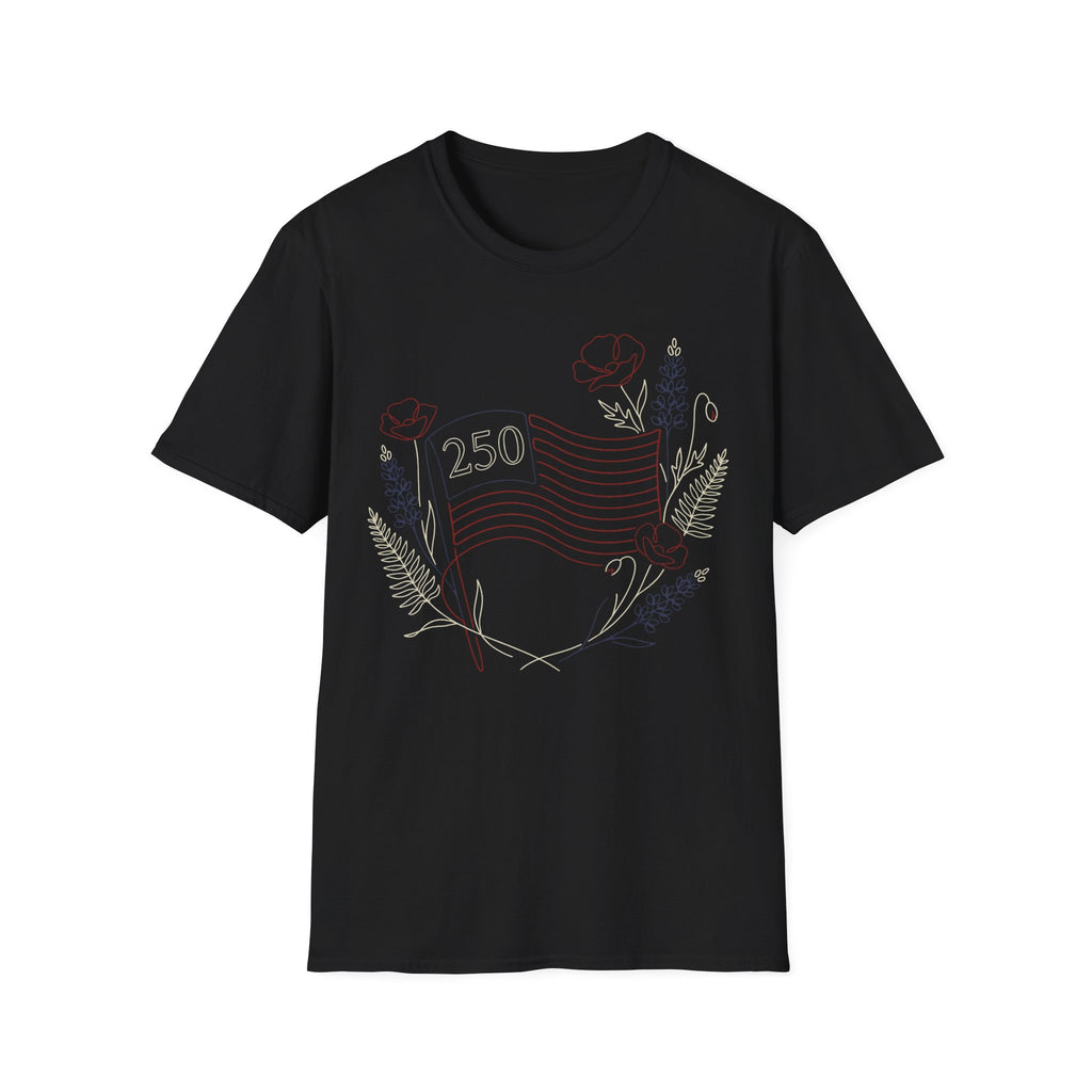 America 250 Floral Line Art Flag T-Shirt | Botanical USA 250th Anniversary Tee
