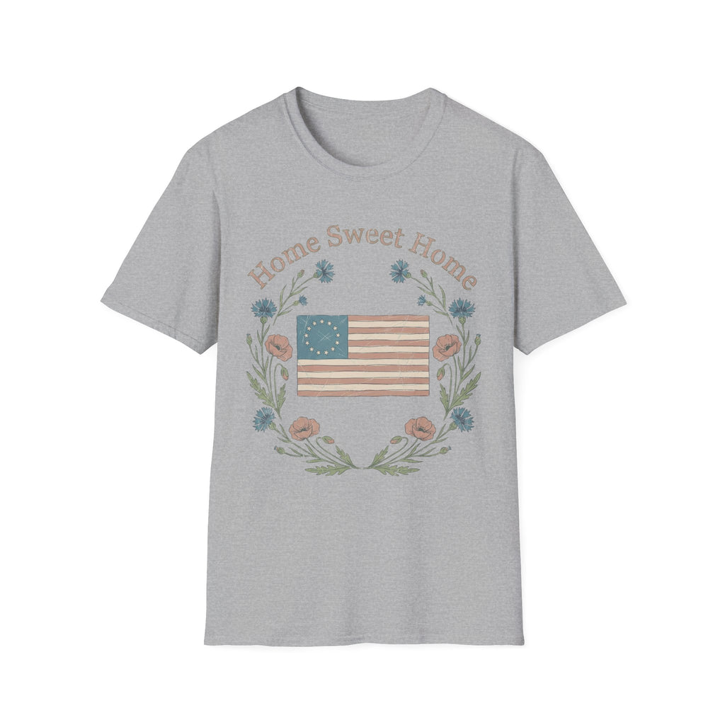 "Home Sweet Home" Betsy Ross Flag & Wildflower Wreath Patriotic T-Shirt - Muted Vintage & Family-Friendly Style