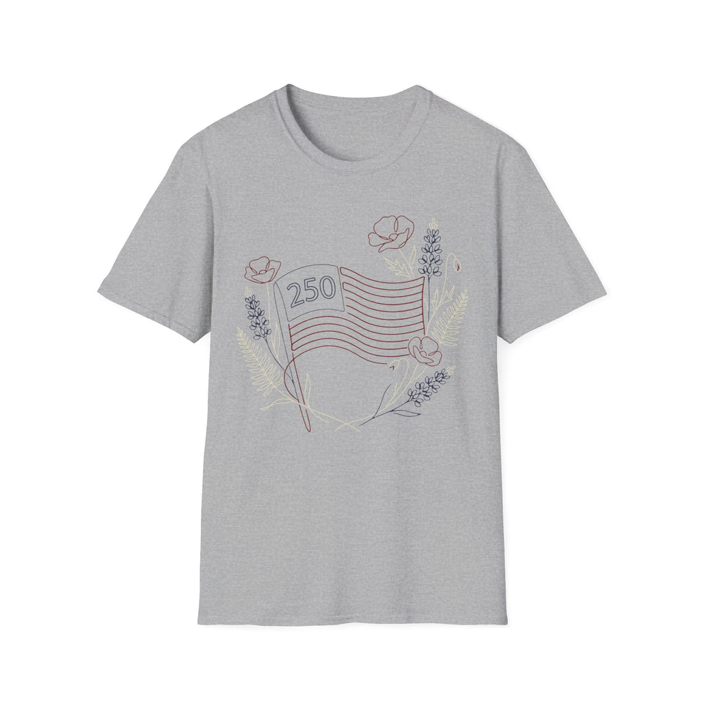 America 250 Floral Line Art Flag T-Shirt | Botanical USA 250th Anniversary Tee