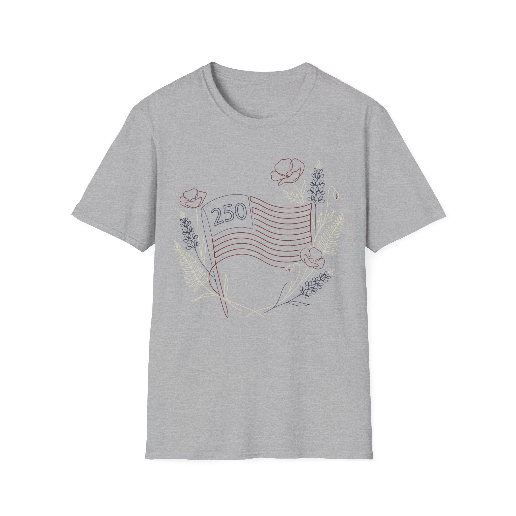 America 250 Floral Line Art Flag T-Shirt | Botanical USA 250th Anniversary Tee