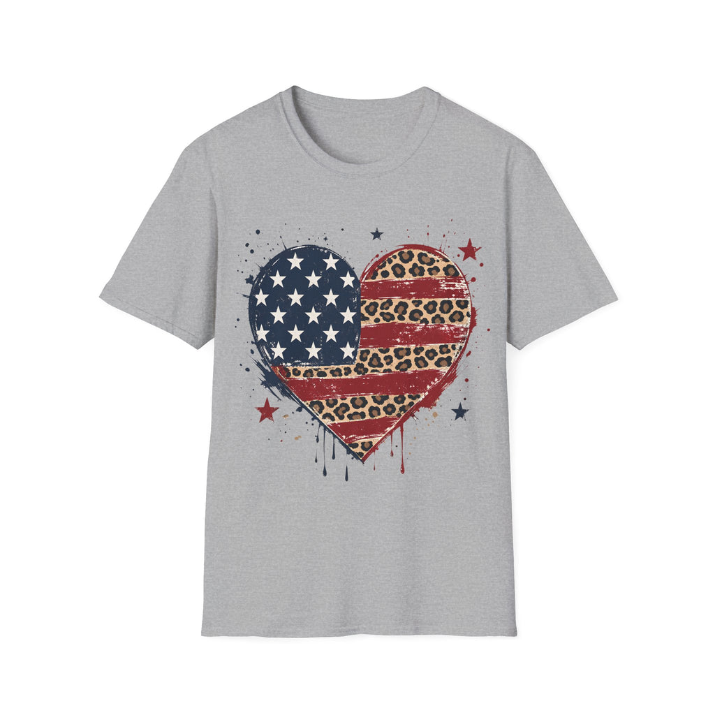 Distressed Leopard Print Heart USA Flag T-Shirt