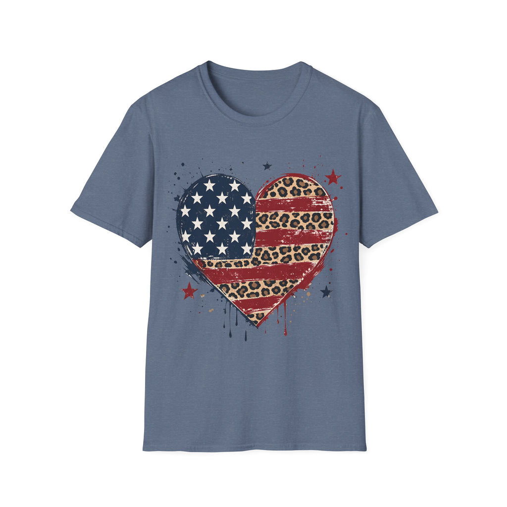 Distressed Leopard Print Heart USA Flag T-Shirt