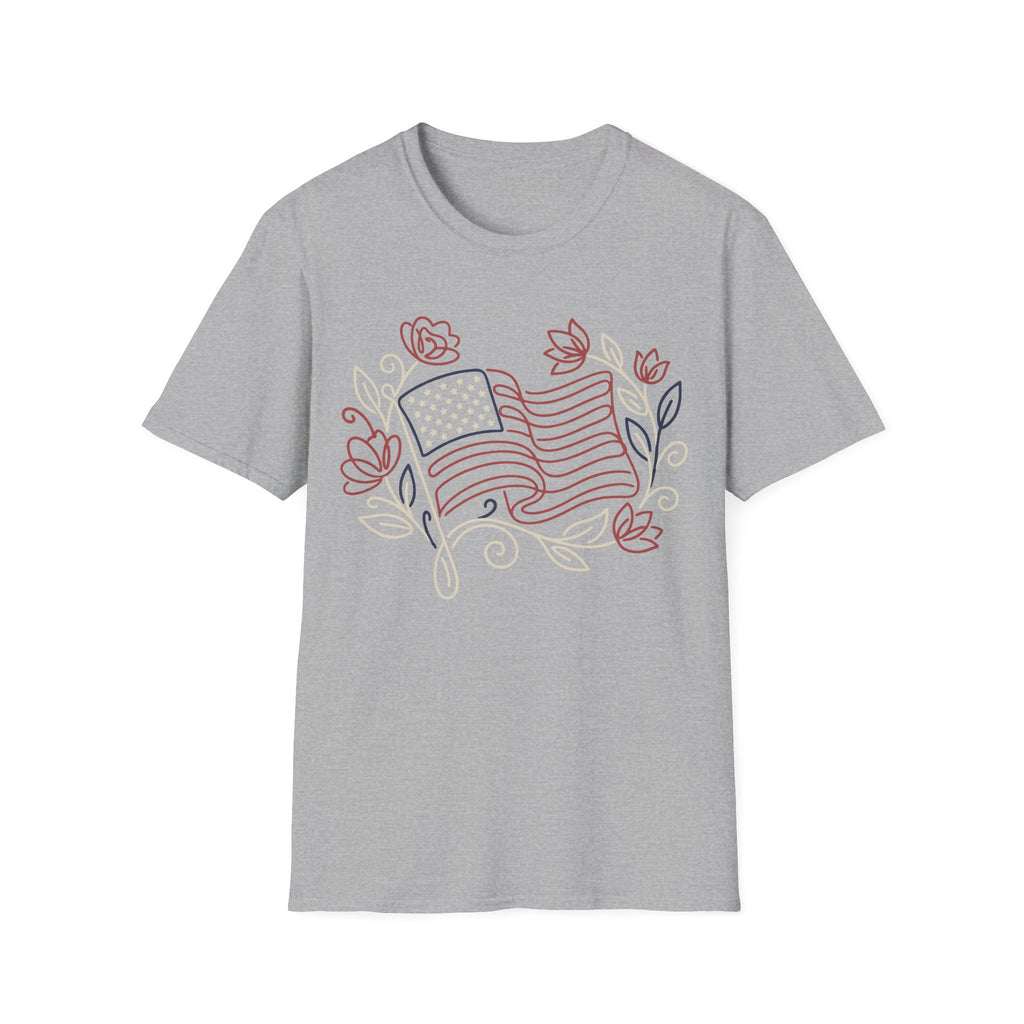 Elegant Floral Line Art American Flag T-Shirt | Botanical Patriotic Tee