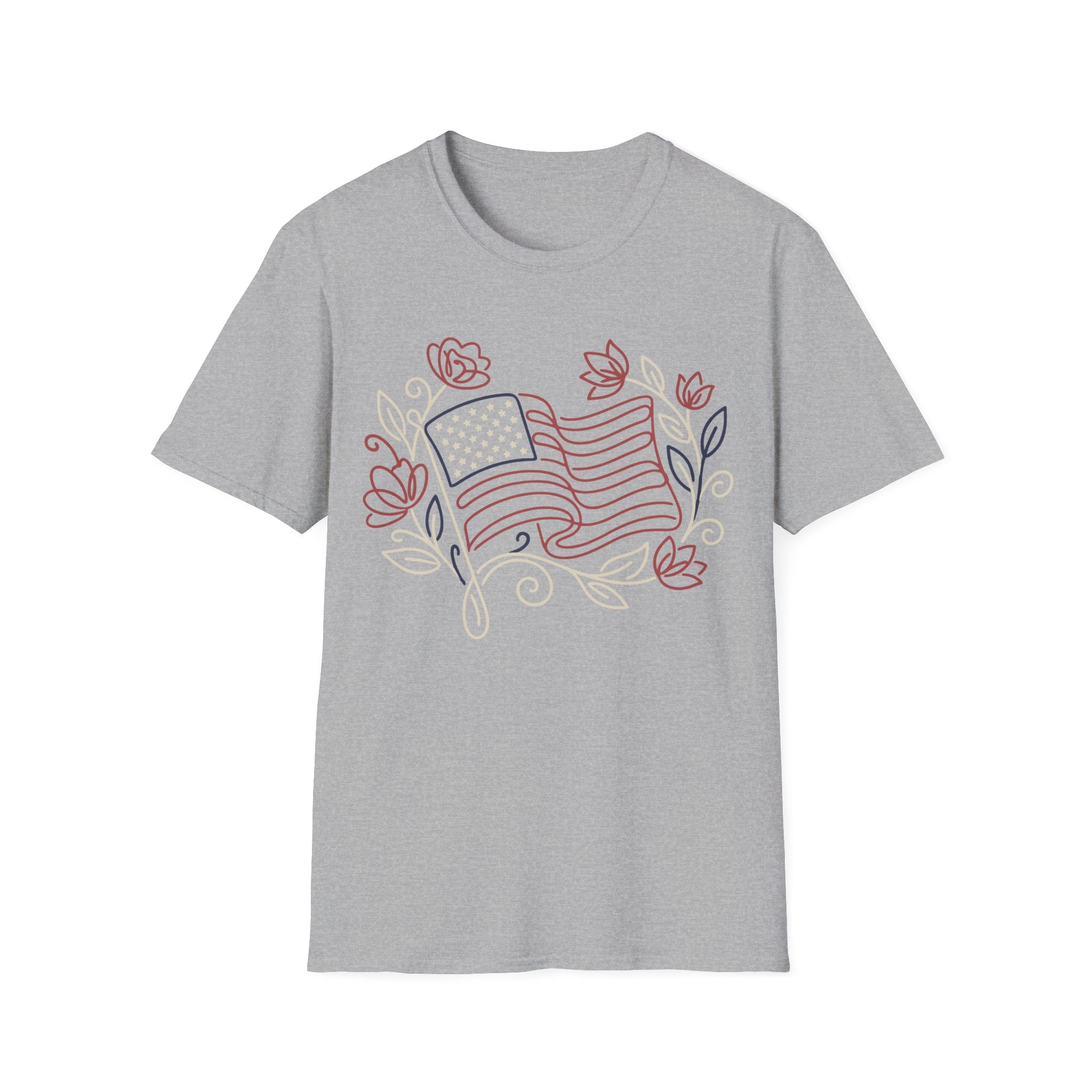 Elegant Floral Line Art American Flag T-Shirt | Botanical Patriotic Tee