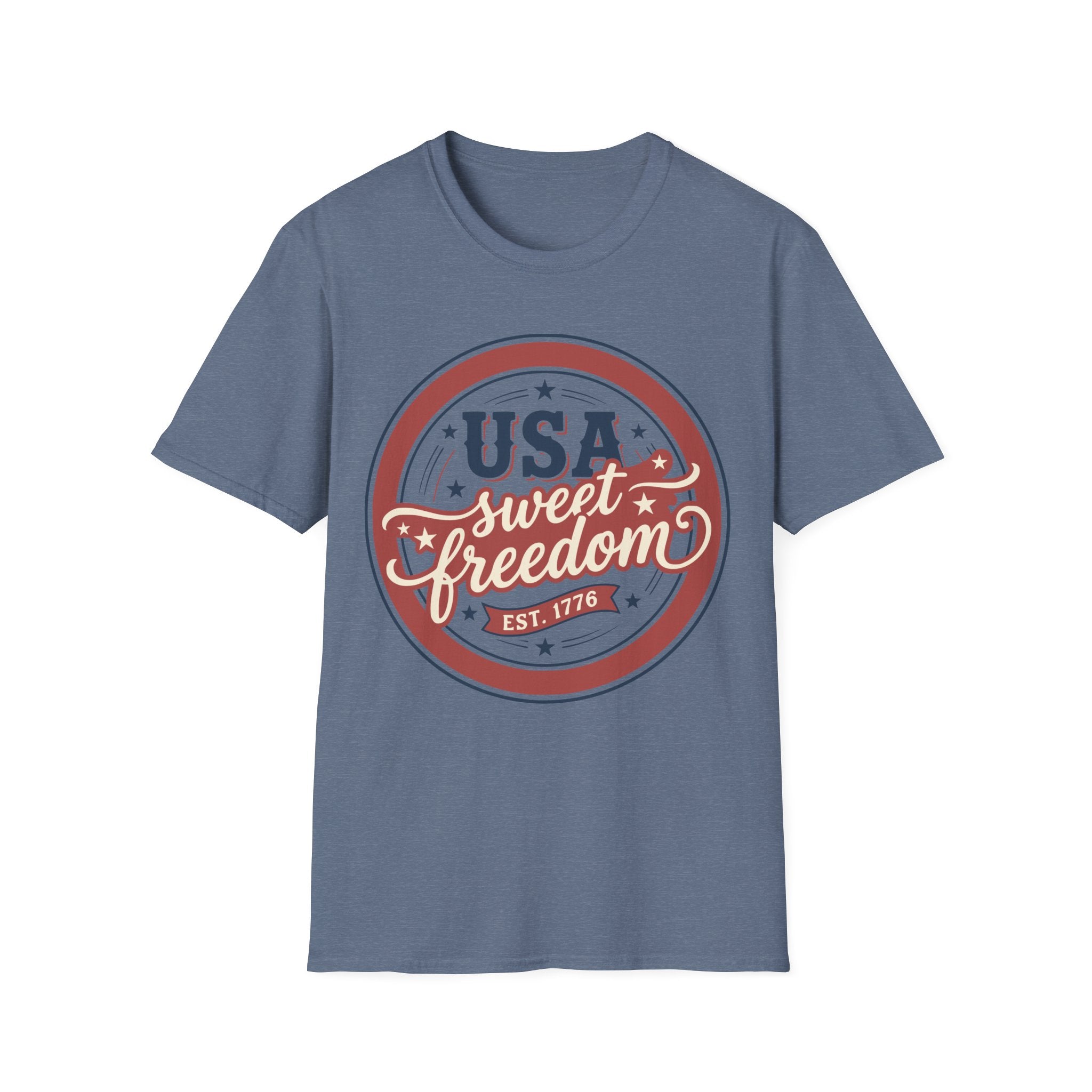 Vintage USA Sweet Freedom Est 1776 T-Shirt | Retro Patriotic Badge Tee