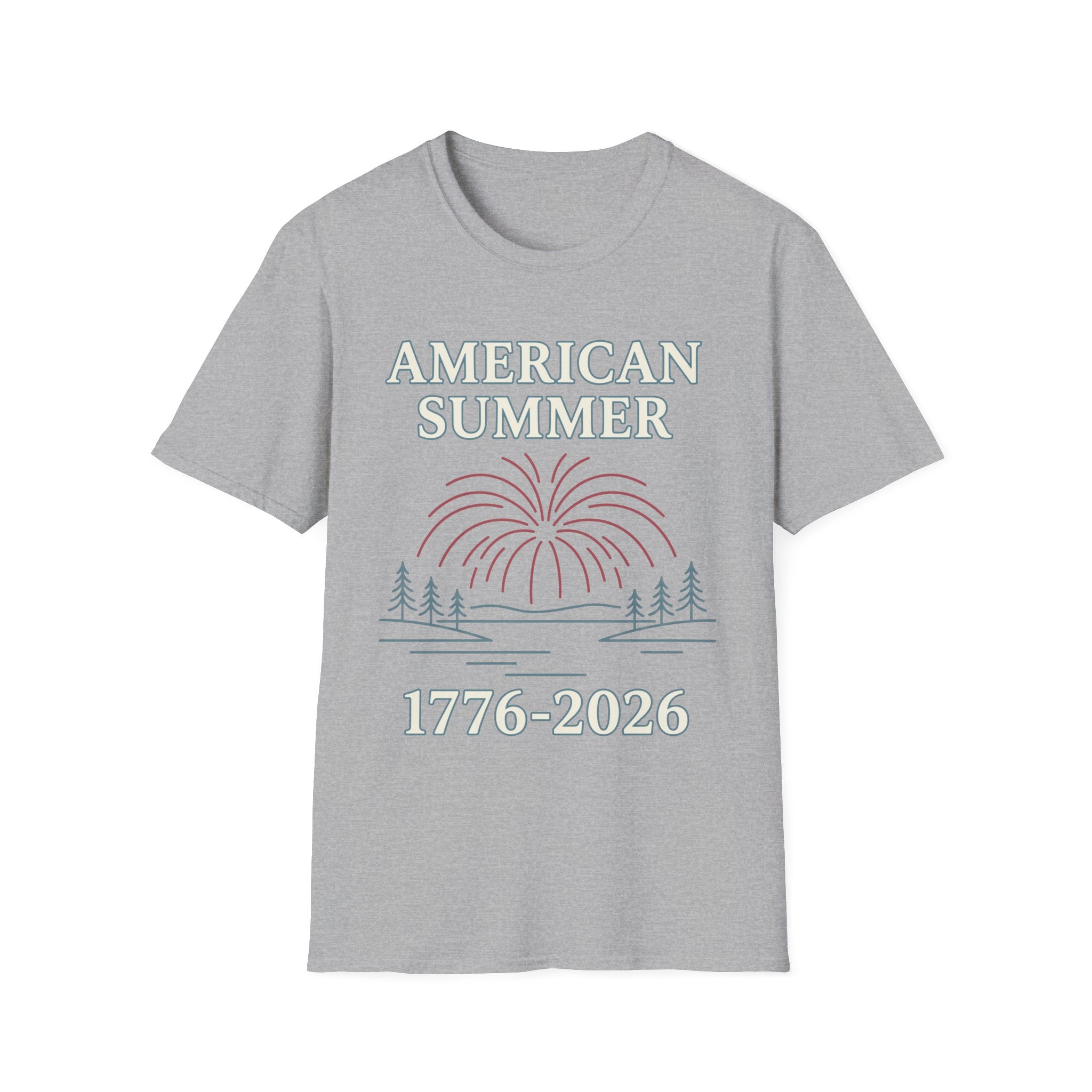American Summer 1776-2026 Minimalist Lake Fireworks T-Shirt