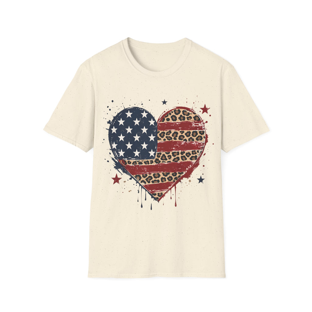 Distressed Leopard Print Heart USA Flag T-Shirt