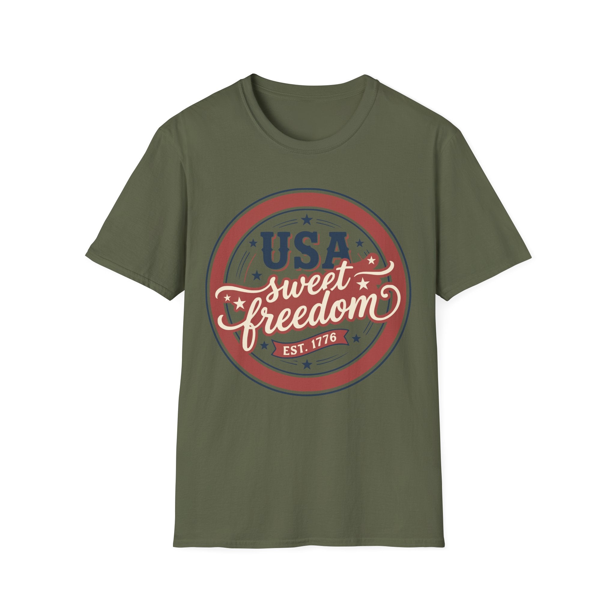Vintage USA Sweet Freedom Est 1776 T-Shirt | Retro Patriotic Badge Tee