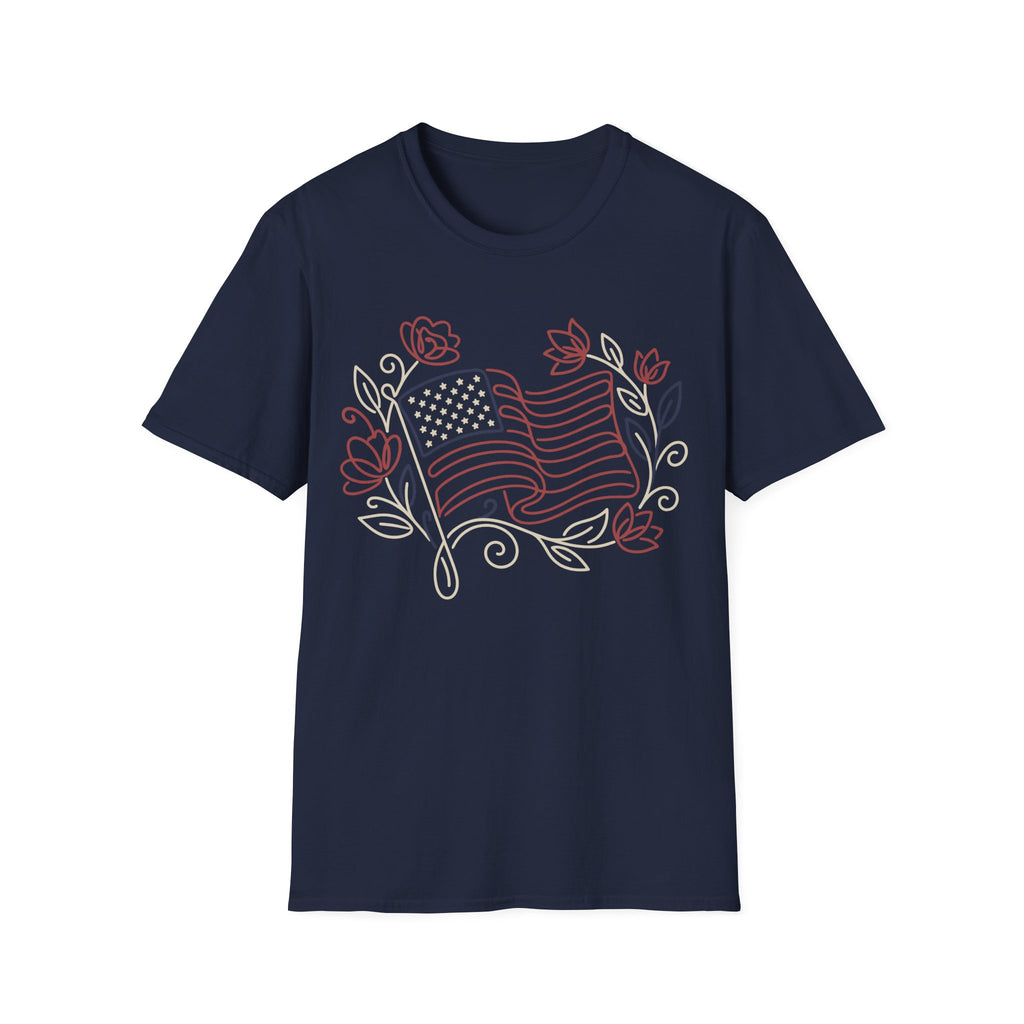 Elegant Floral Line Art American Flag T-Shirt | Botanical Patriotic Tee