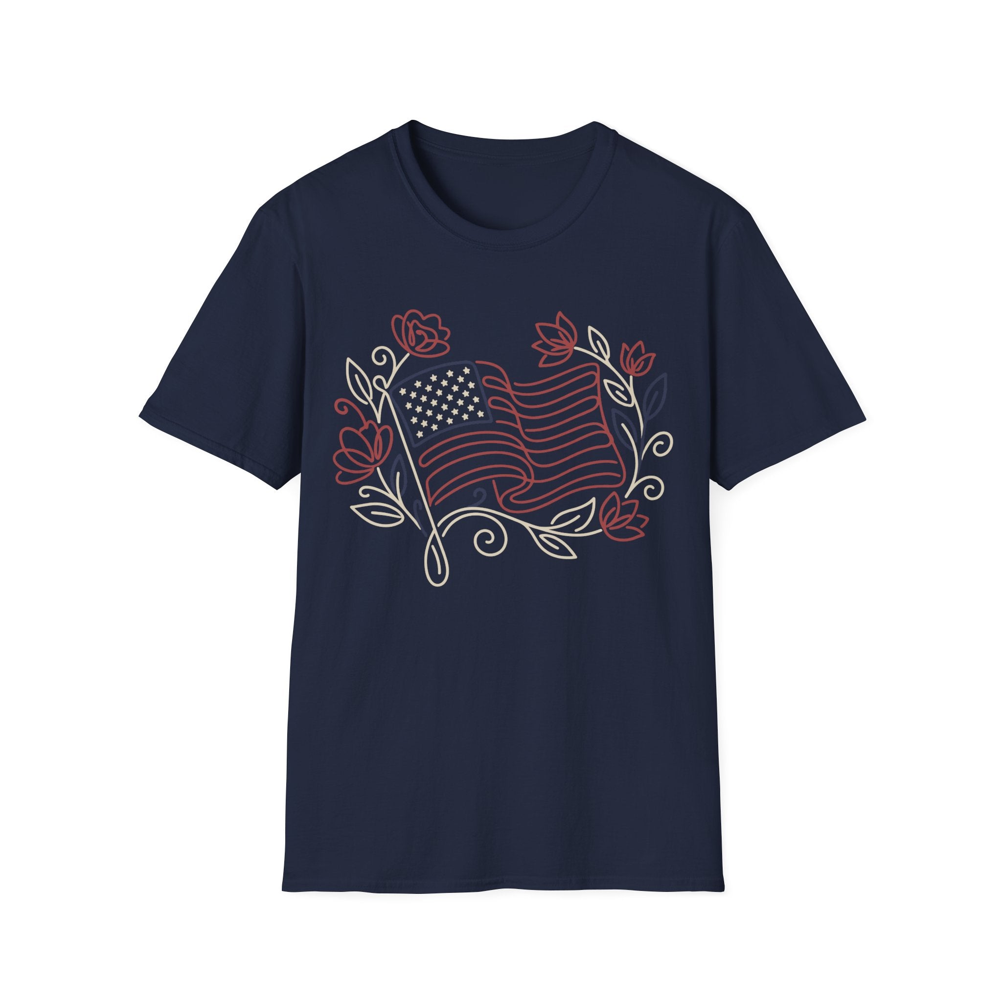 Elegant Floral Line Art American Flag T-Shirt | Botanical Patriotic Tee