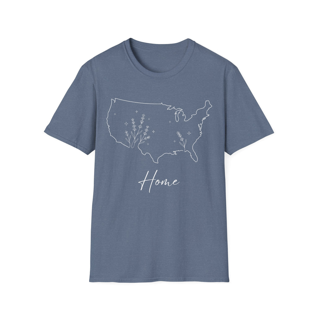 Minimalist Botanical USA Map "Home" T-Shirt | Subtle Patriotic Tee