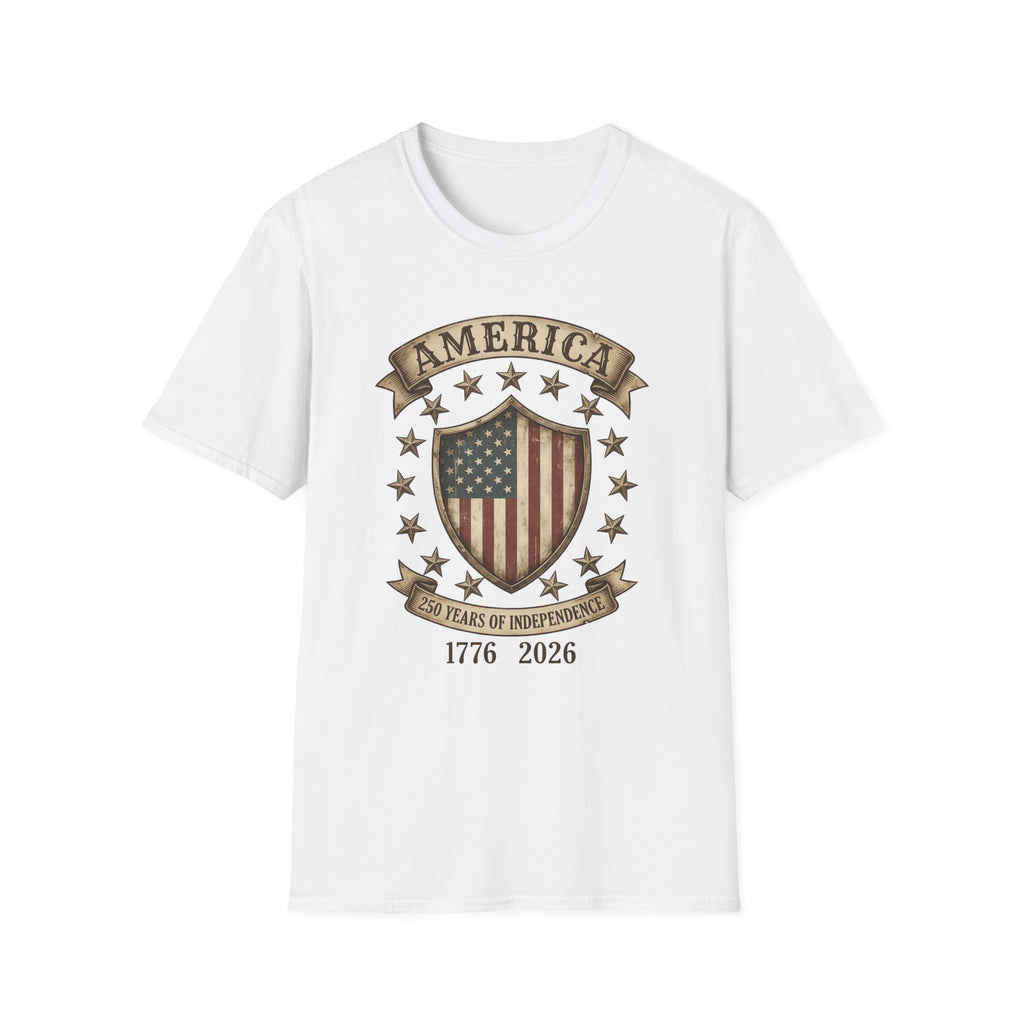 America 250 Years of Independence 1776-2026 Vintage Flag Shield T-Shirt