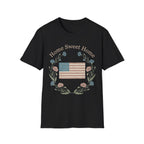 "Home Sweet Home" Betsy Ross Flag & Wildflower Wreath Patriotic T-Shirt - Muted Vintage & Family-Friendly Style