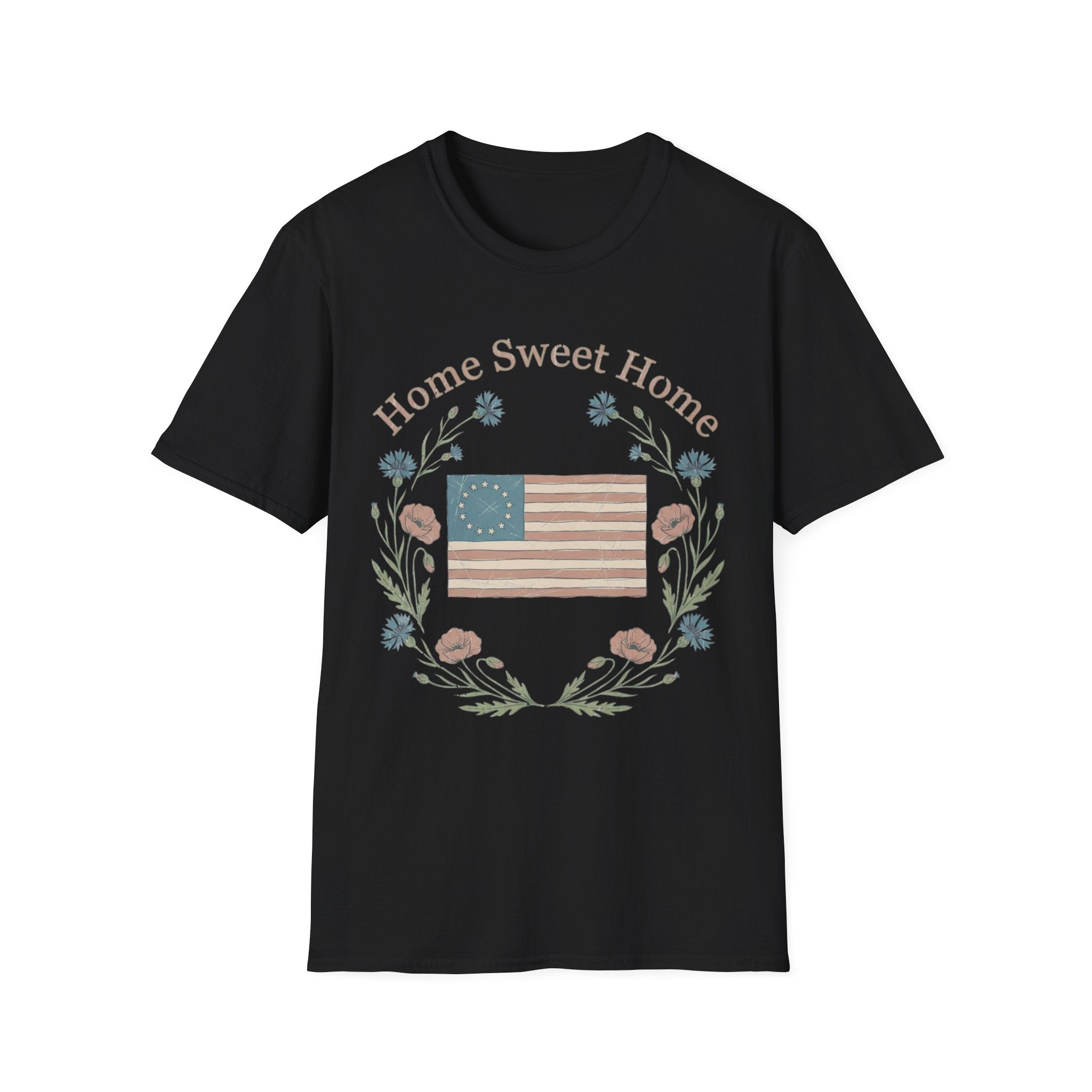 "Home Sweet Home" Betsy Ross Flag & Wildflower Wreath Patriotic T-Shirt - Muted Vintage & Family-Friendly Style