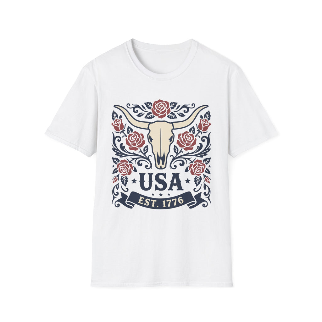 Western USA Longhorn Rose T-Shirt | Patriotic Cowgirl Tee