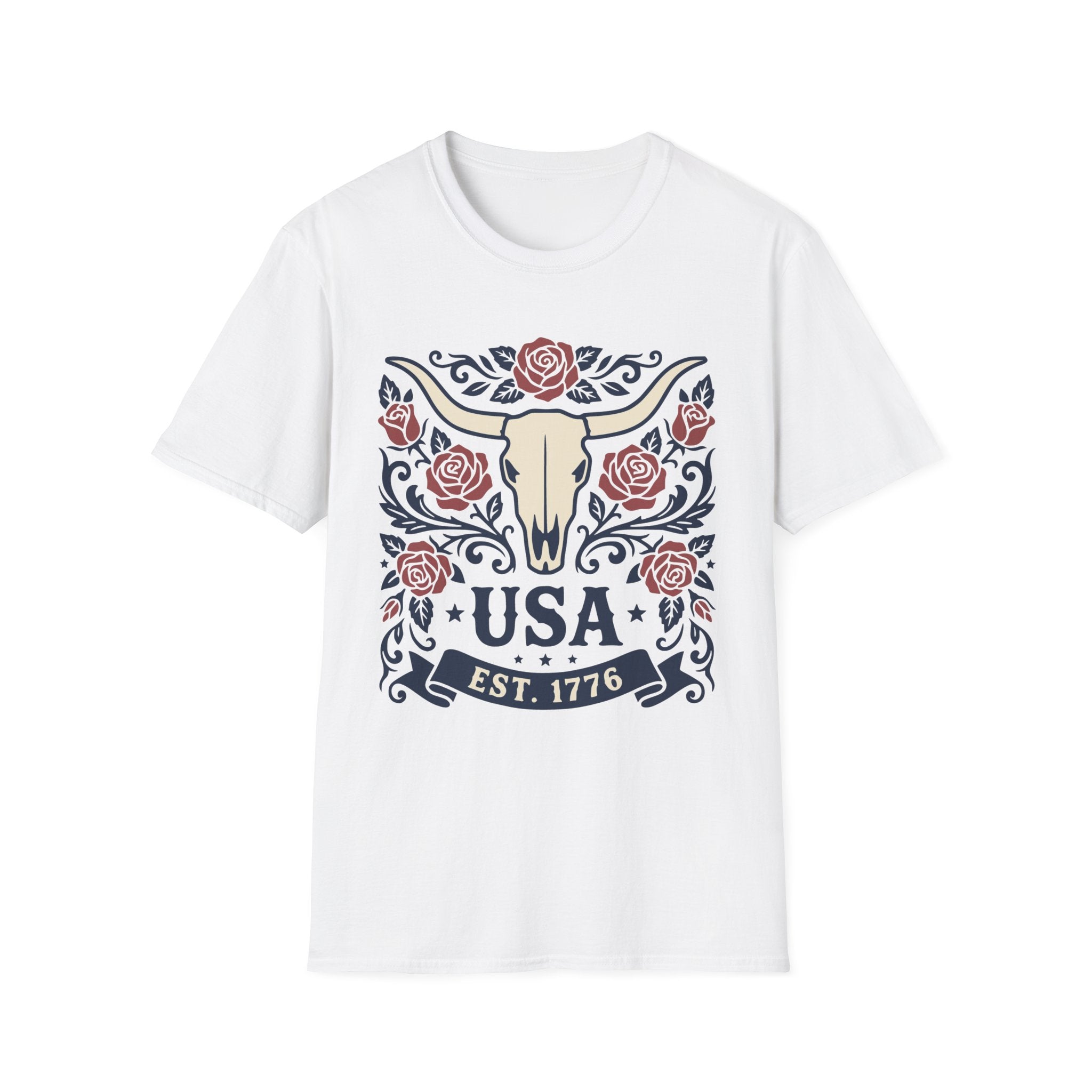 Western USA Longhorn Rose T-Shirt | Patriotic Cowgirl Tee