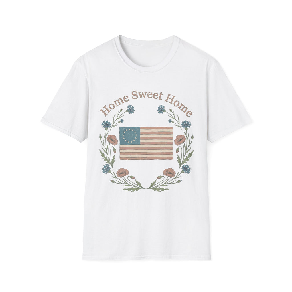 "Home Sweet Home" Betsy Ross Flag & Wildflower Wreath Patriotic T-Shirt - Muted Vintage & Family-Friendly Style
