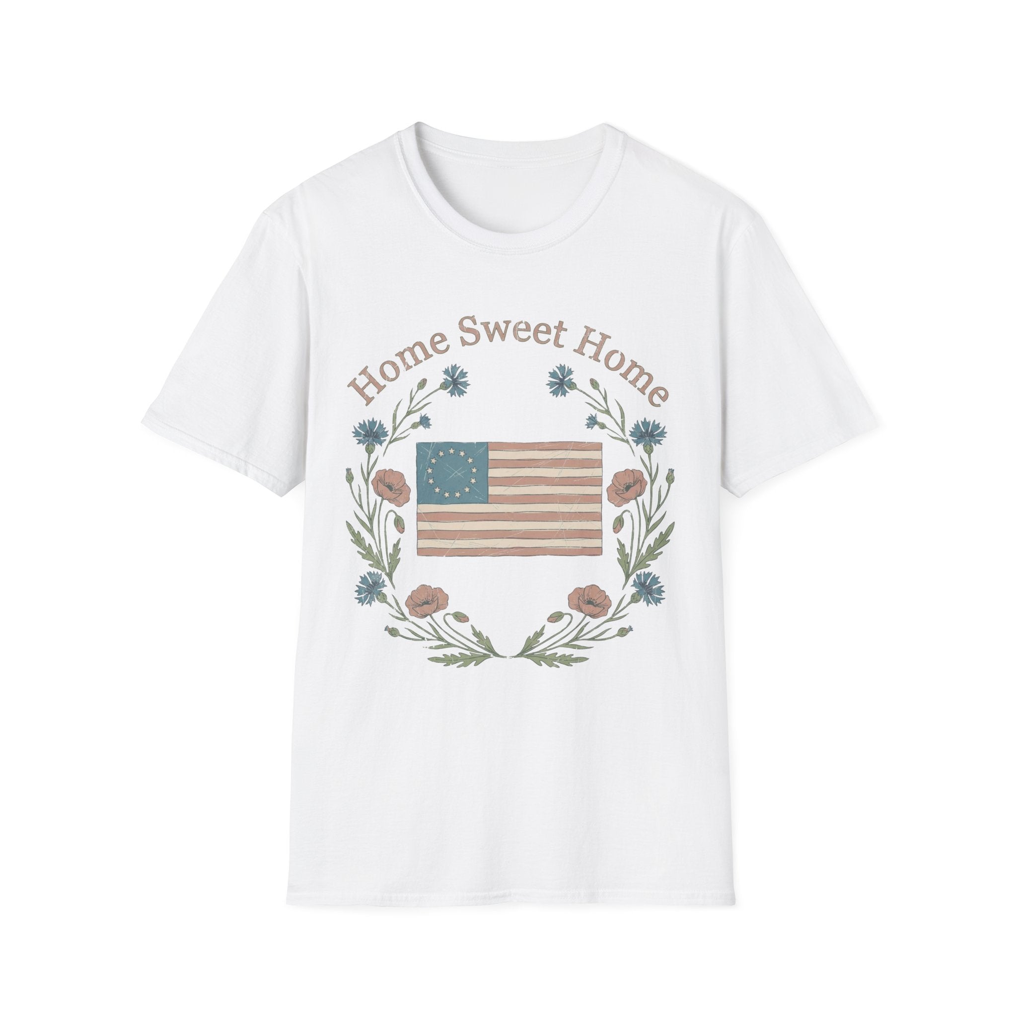 "Home Sweet Home" Betsy Ross Flag & Wildflower Wreath Patriotic T-Shirt - Muted Vintage & Family-Friendly Style