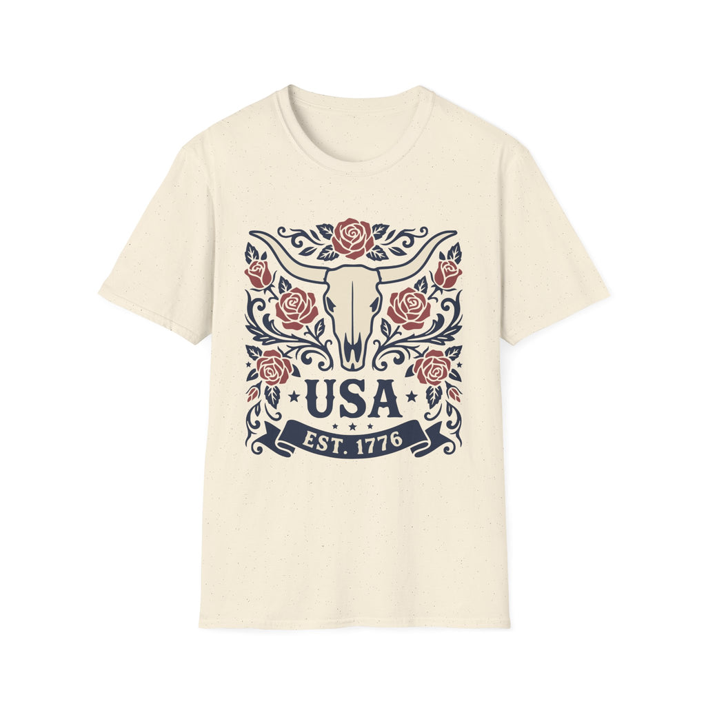 Western USA Longhorn Rose T-Shirt | Patriotic Cowgirl Tee