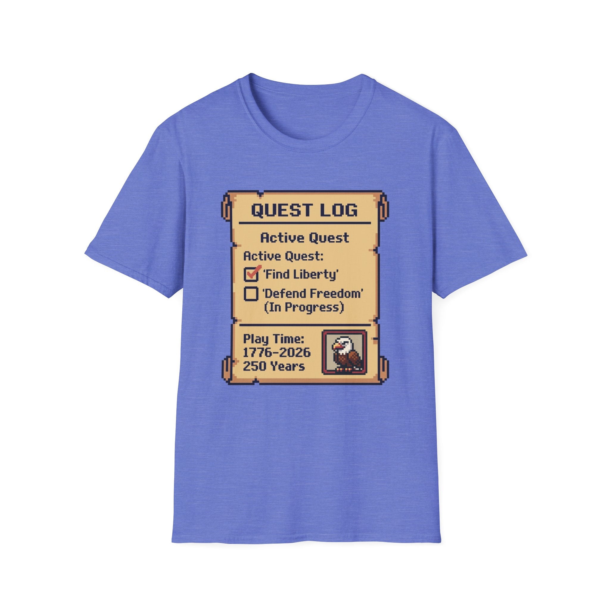 8-Bit Quest Log Patriotic T-Shirt | America 250th Anniversary RPG Gamer Tee