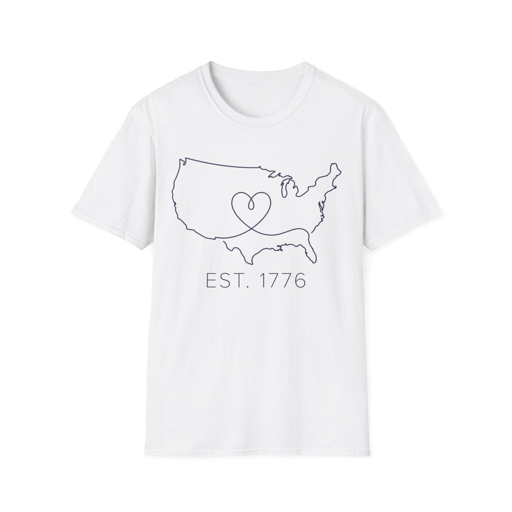 Minimalist USA Heart Map: Est. 1776 Patriotic T-Shirt