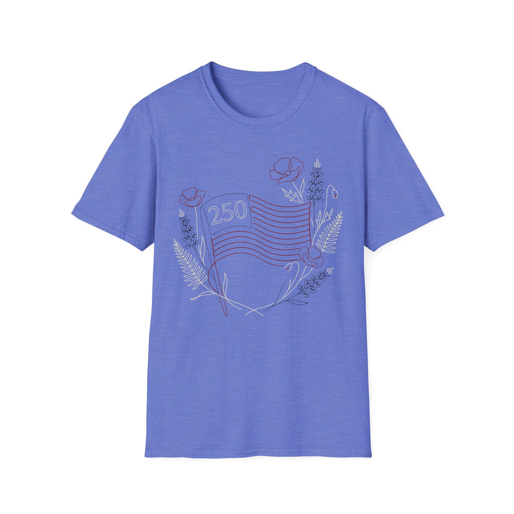 America 250 Floral Line Art Flag T-Shirt | Botanical USA 250th Anniversary Tee