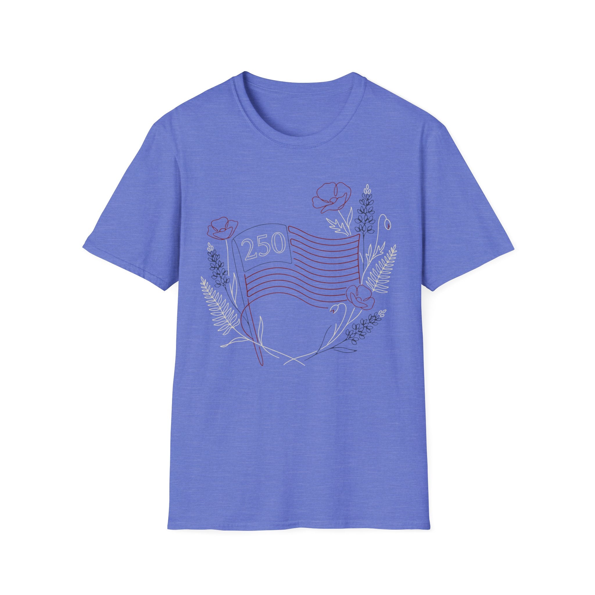 America 250 Floral Line Art Flag T-Shirt | Botanical USA 250th Anniversary Tee