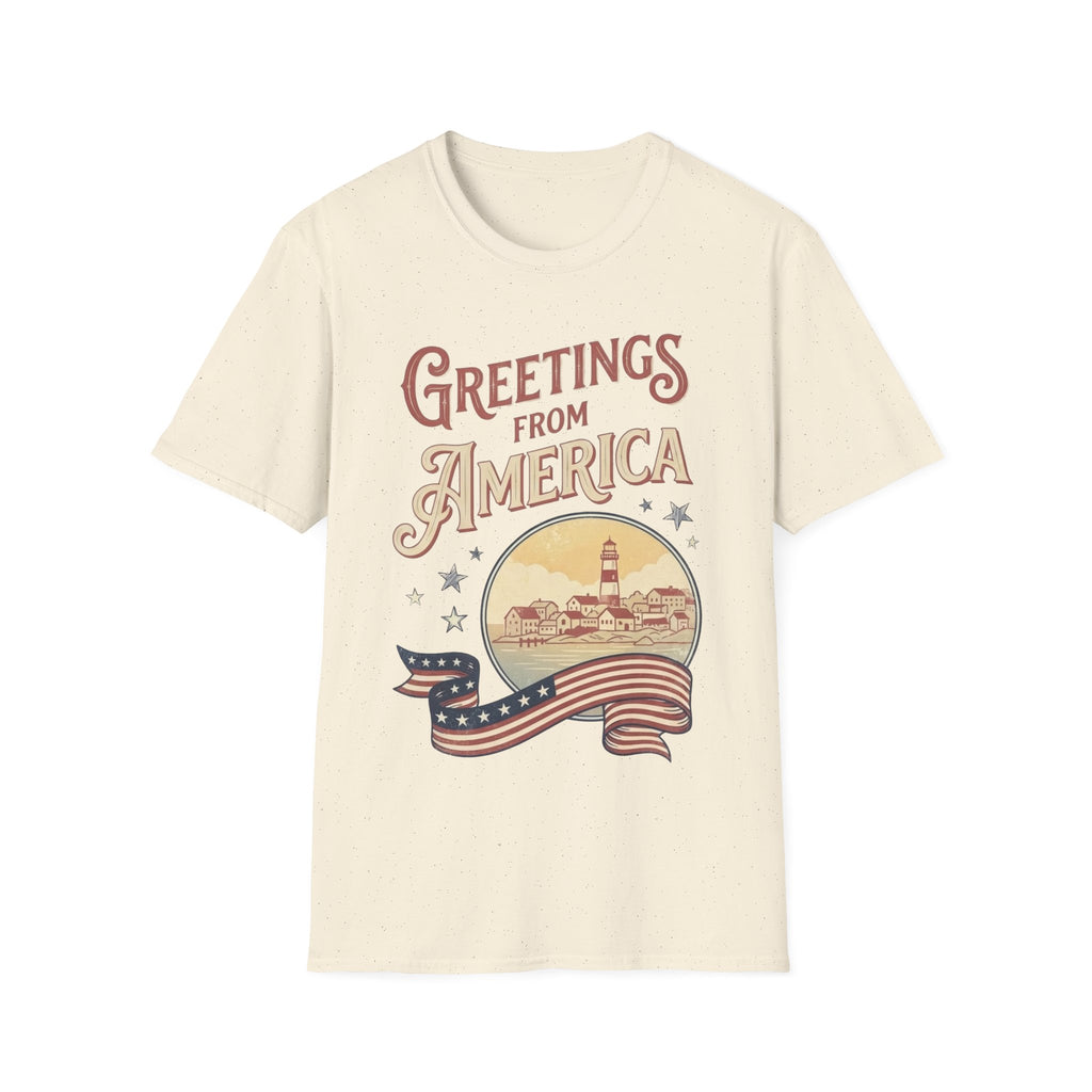 Greetings From America Vintage Postcard T-Shirt | Retro Coastal Americana