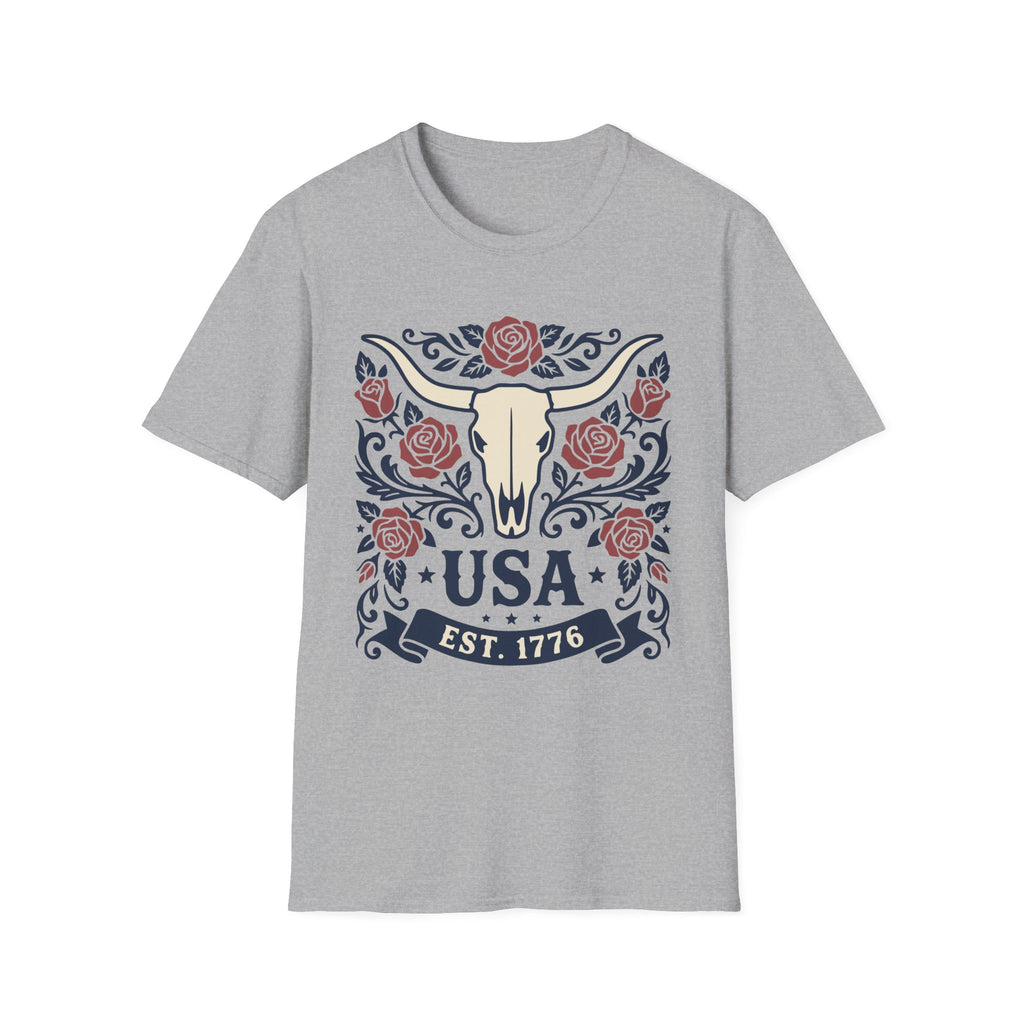 Western USA Longhorn Rose T-Shirt | Patriotic Cowgirl Tee