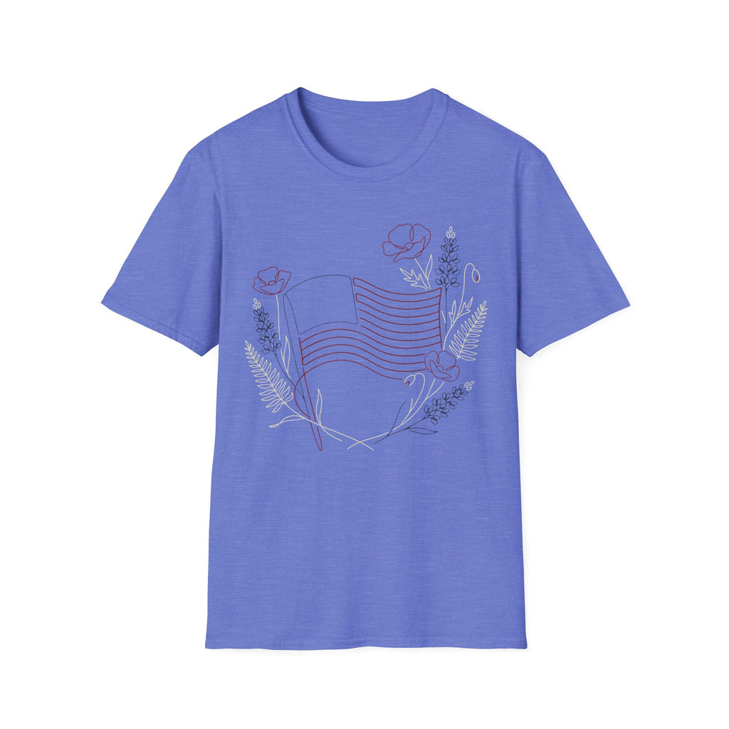 Botanical Floral Line Art American Flag T-Shirt | Subtle Patriotic Tee