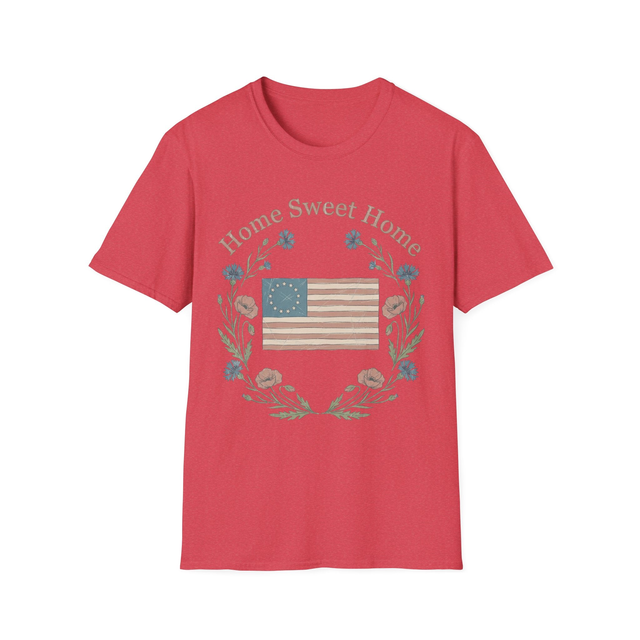 "Home Sweet Home" Betsy Ross Flag & Wildflower Wreath Patriotic T-Shirt - Muted Vintage & Family-Friendly Style