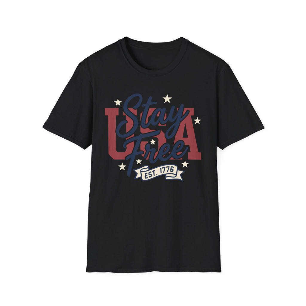 Vintage USA Stay Free Est 1776 T-Shirt | Retro Patriotic Graphic Tee