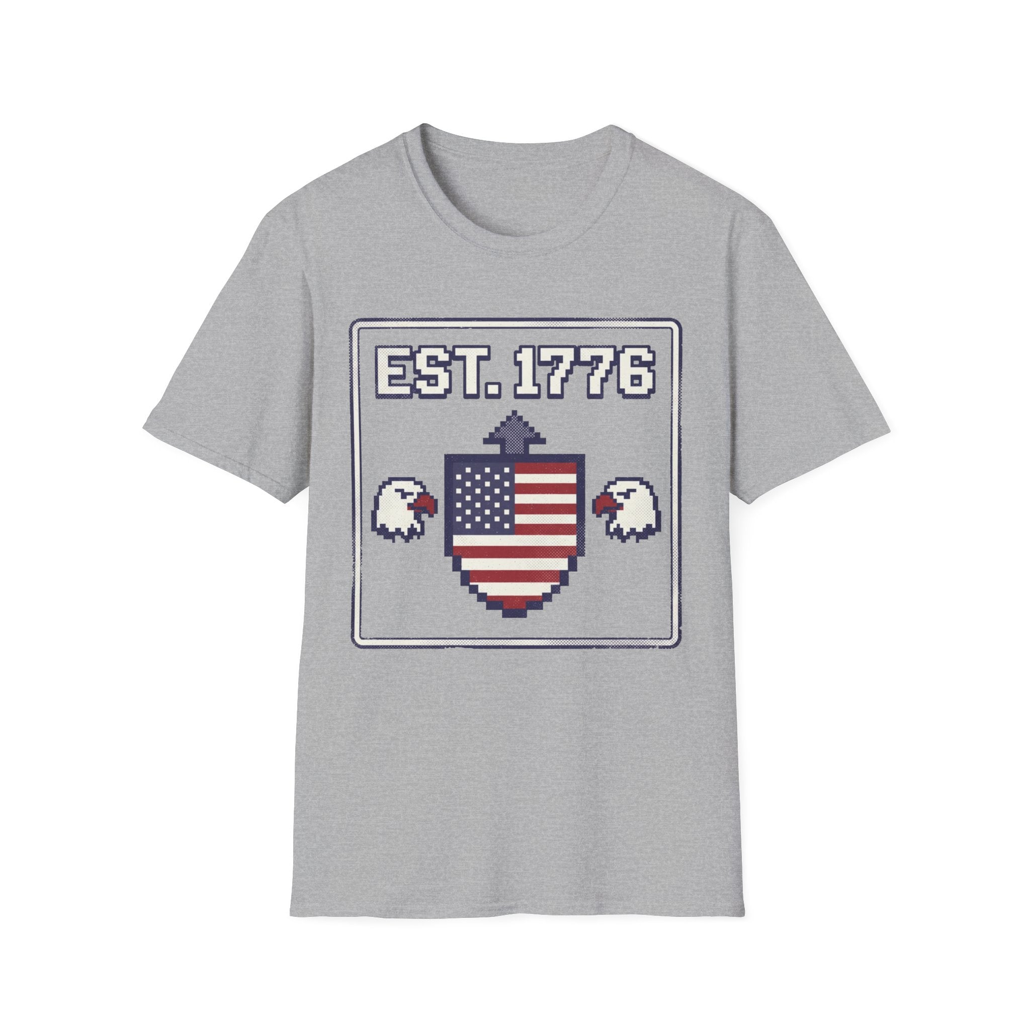 8-Bit Est. 1776 Patriotic T-Shirt | Retro Gamer American Flag Shield Tee