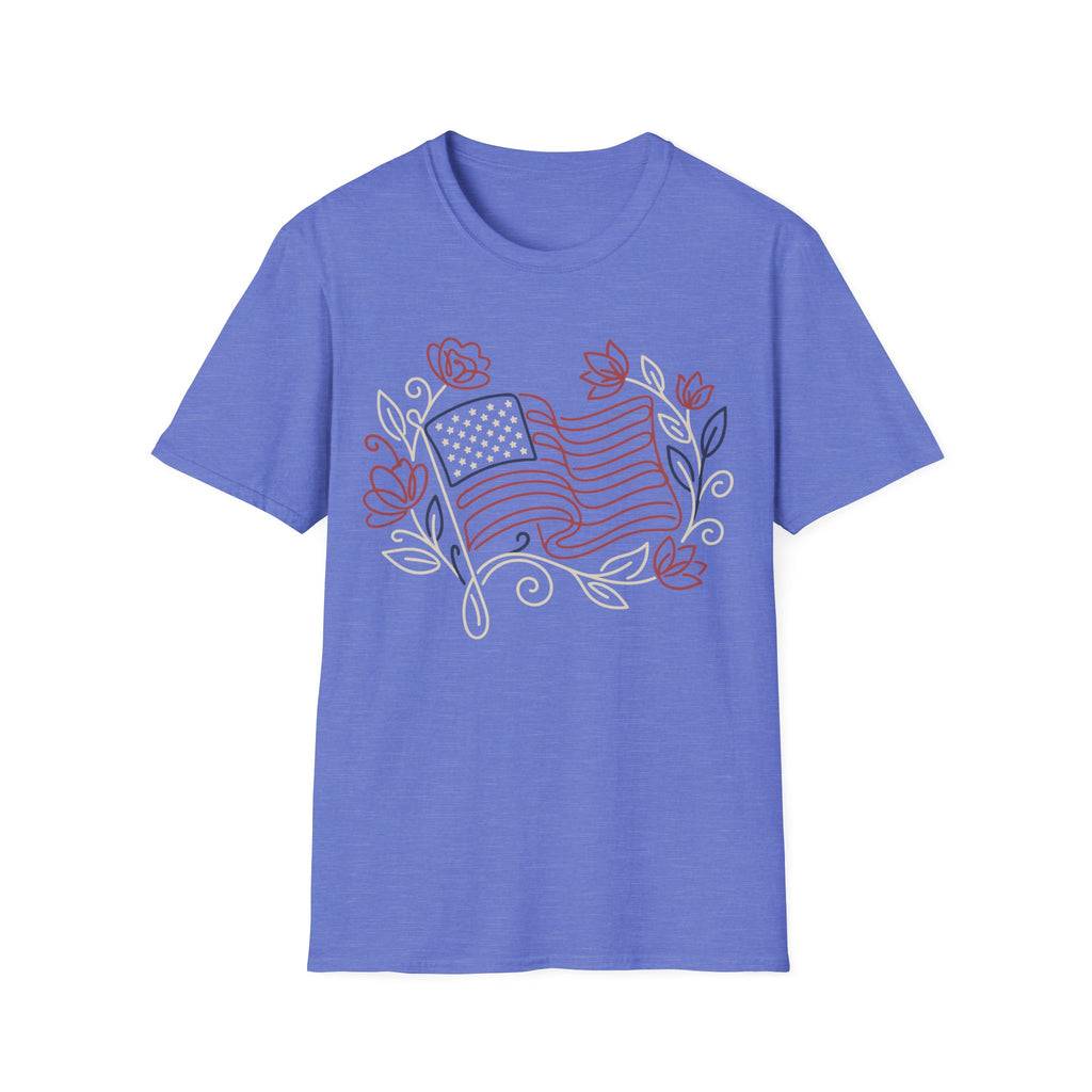 Elegant Floral Line Art American Flag T-Shirt | Botanical Patriotic Tee