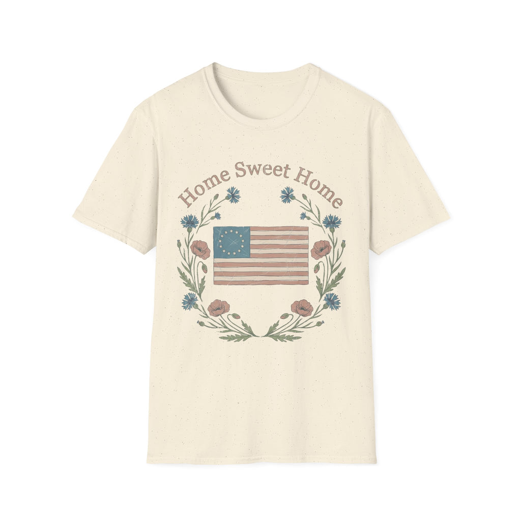 "Home Sweet Home" Betsy Ross Flag & Wildflower Wreath Patriotic T-Shirt - Muted Vintage & Family-Friendly Style