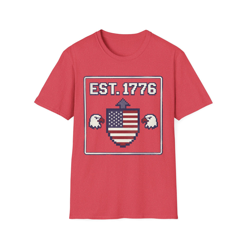 8-Bit Est. 1776 Patriotic T-Shirt | Retro Gamer American Flag Shield Tee