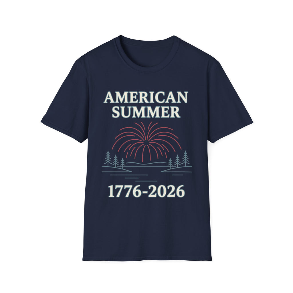American Summer 1776-2026 Minimalist Lake Fireworks T-Shirt