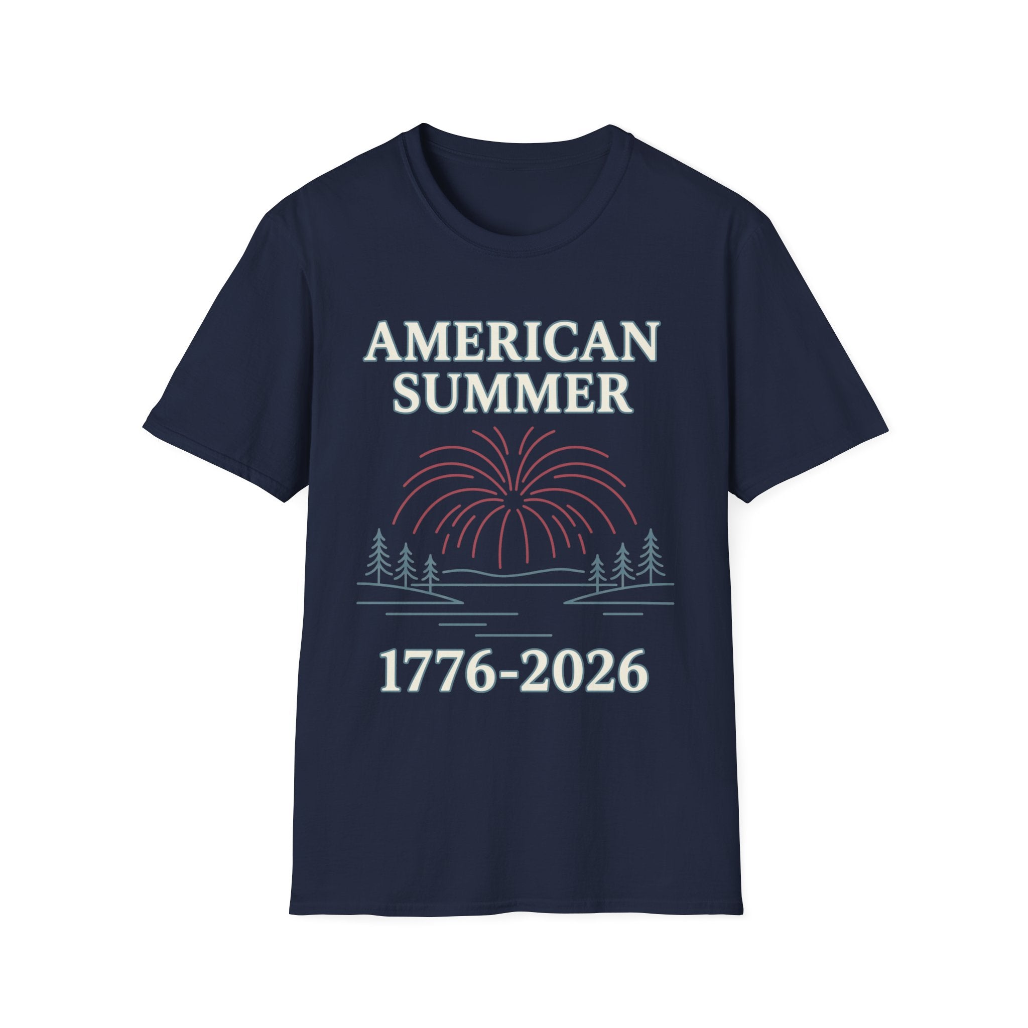 American Summer 1776-2026 Minimalist Lake Fireworks T-Shirt