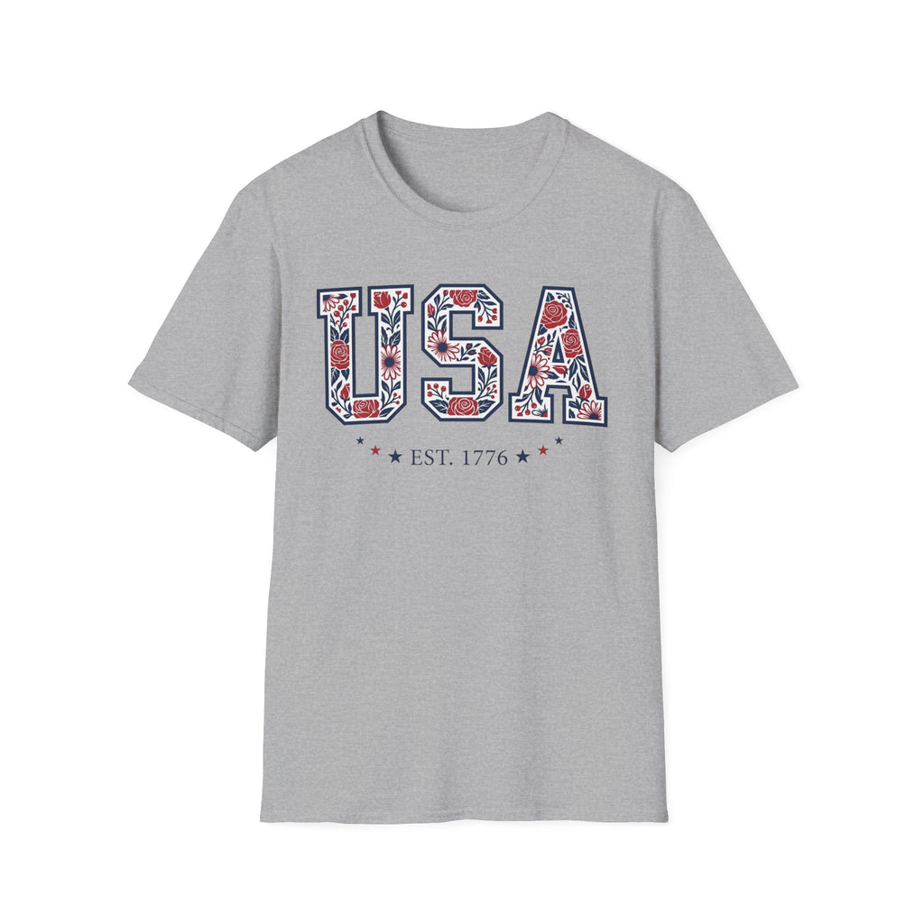 Floral USA Est 1776 T-Shirt | Cute Botanical Patriotic Tee