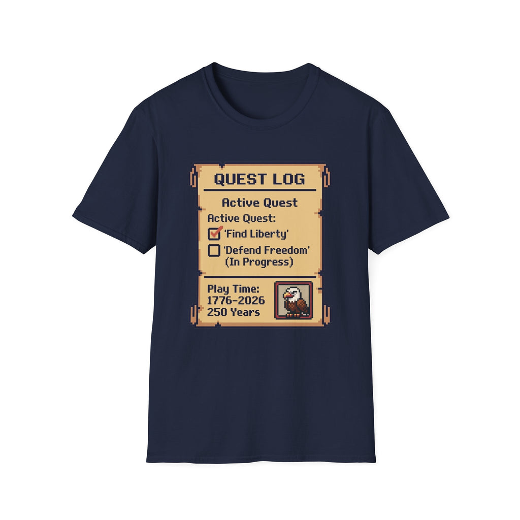 8-Bit Quest Log Patriotic T-Shirt | America 250th Anniversary RPG Gamer Tee
