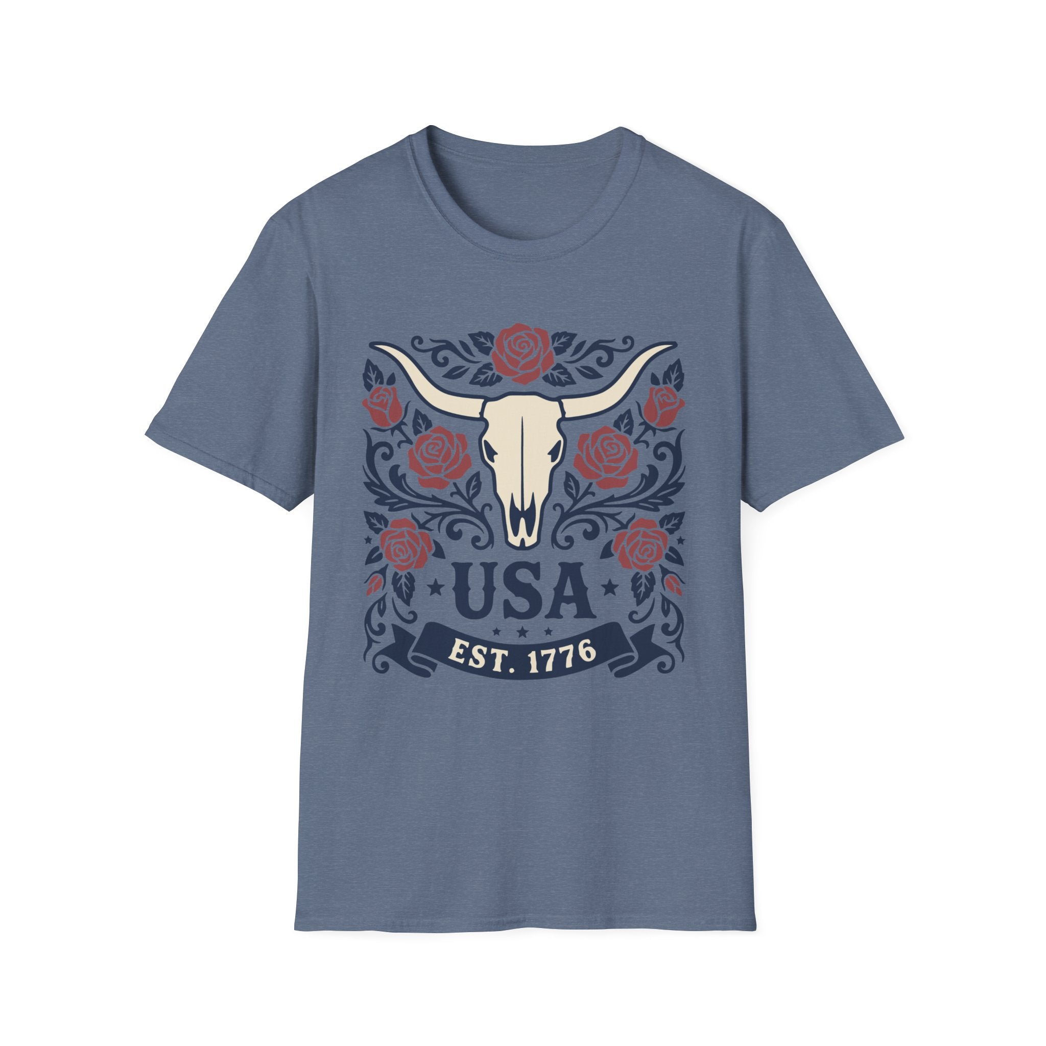 Western USA Longhorn Rose T-Shirt | Patriotic Cowgirl Tee