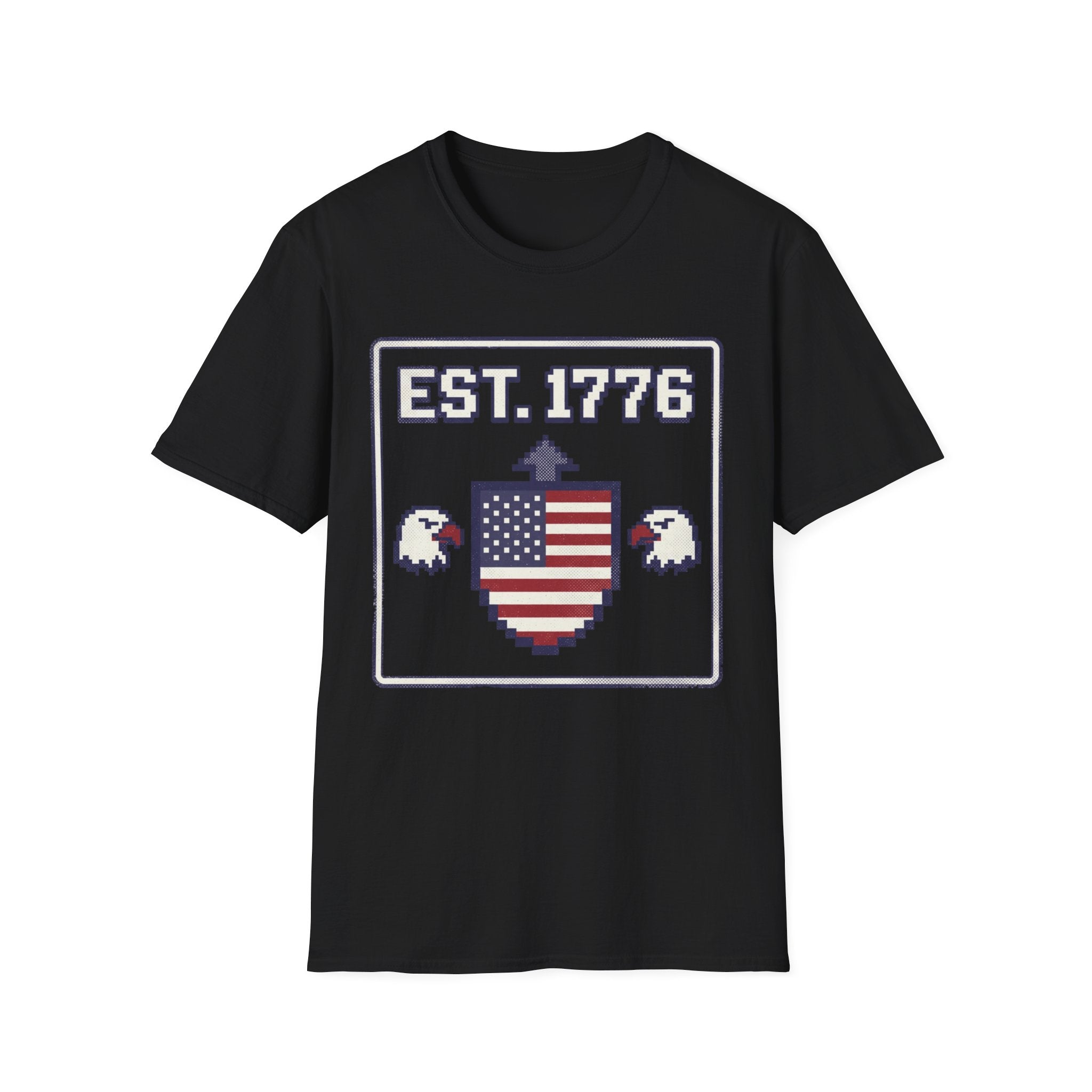 8-Bit Est. 1776 Patriotic T-Shirt | Retro Gamer American Flag Shield Tee