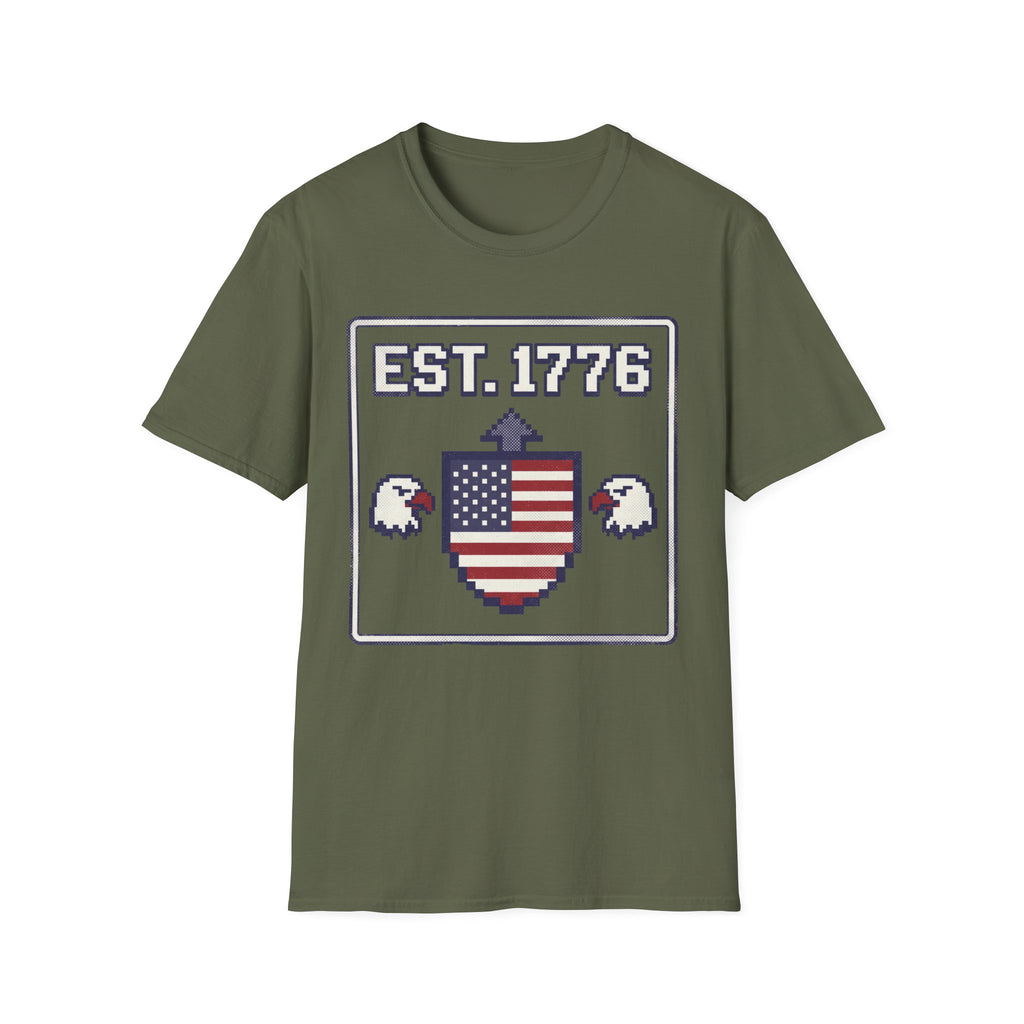 8-Bit Est. 1776 Patriotic T-Shirt | Retro Gamer American Flag Shield Tee
