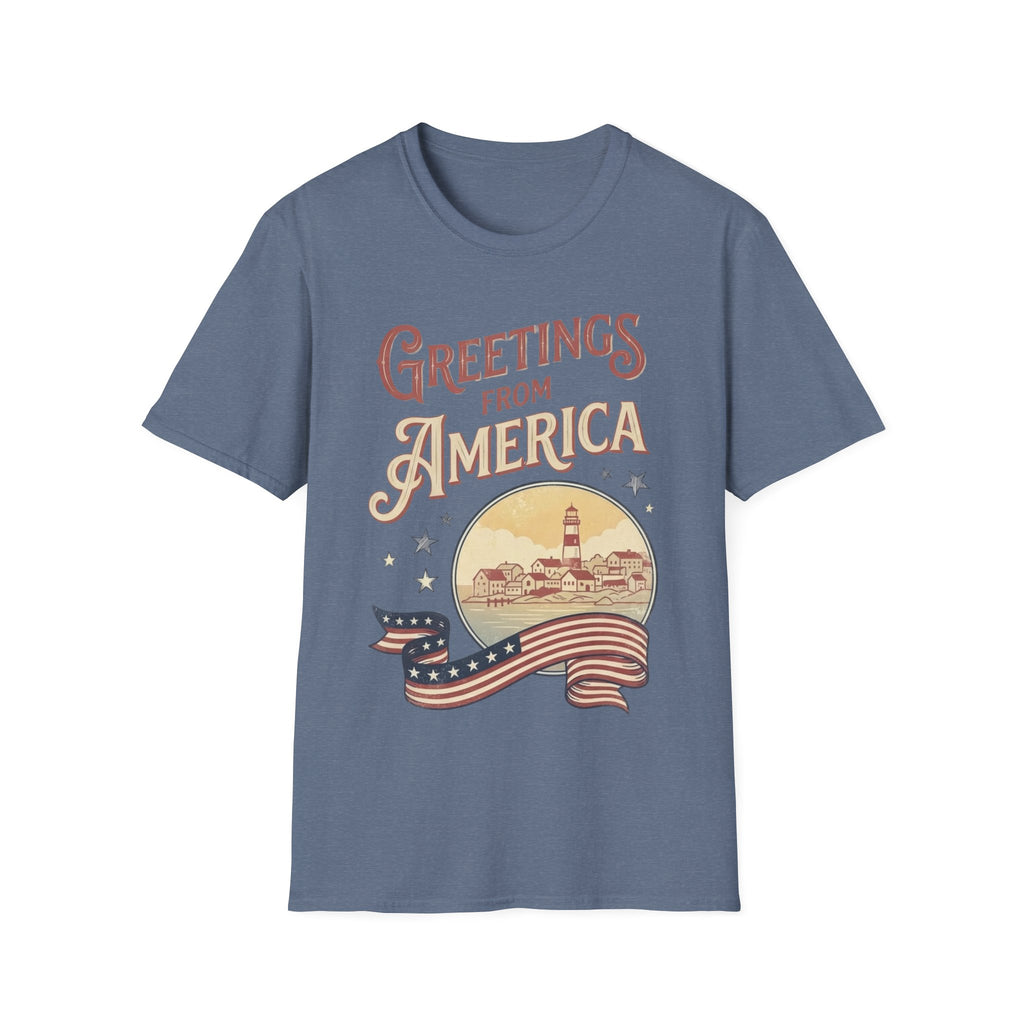 Greetings From America Vintage Postcard T-Shirt | Retro Coastal Americana