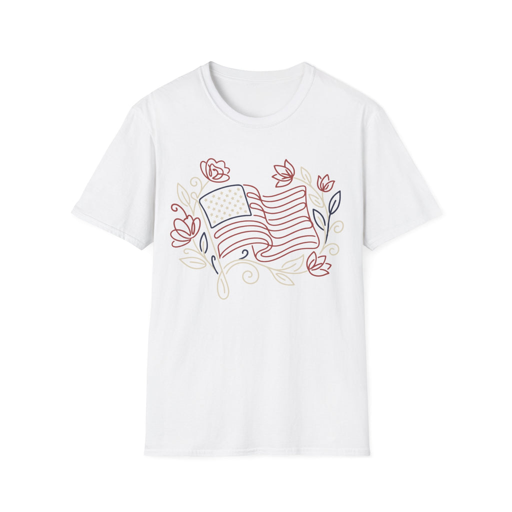 Elegant Floral Line Art American Flag T-Shirt | Botanical Patriotic Tee