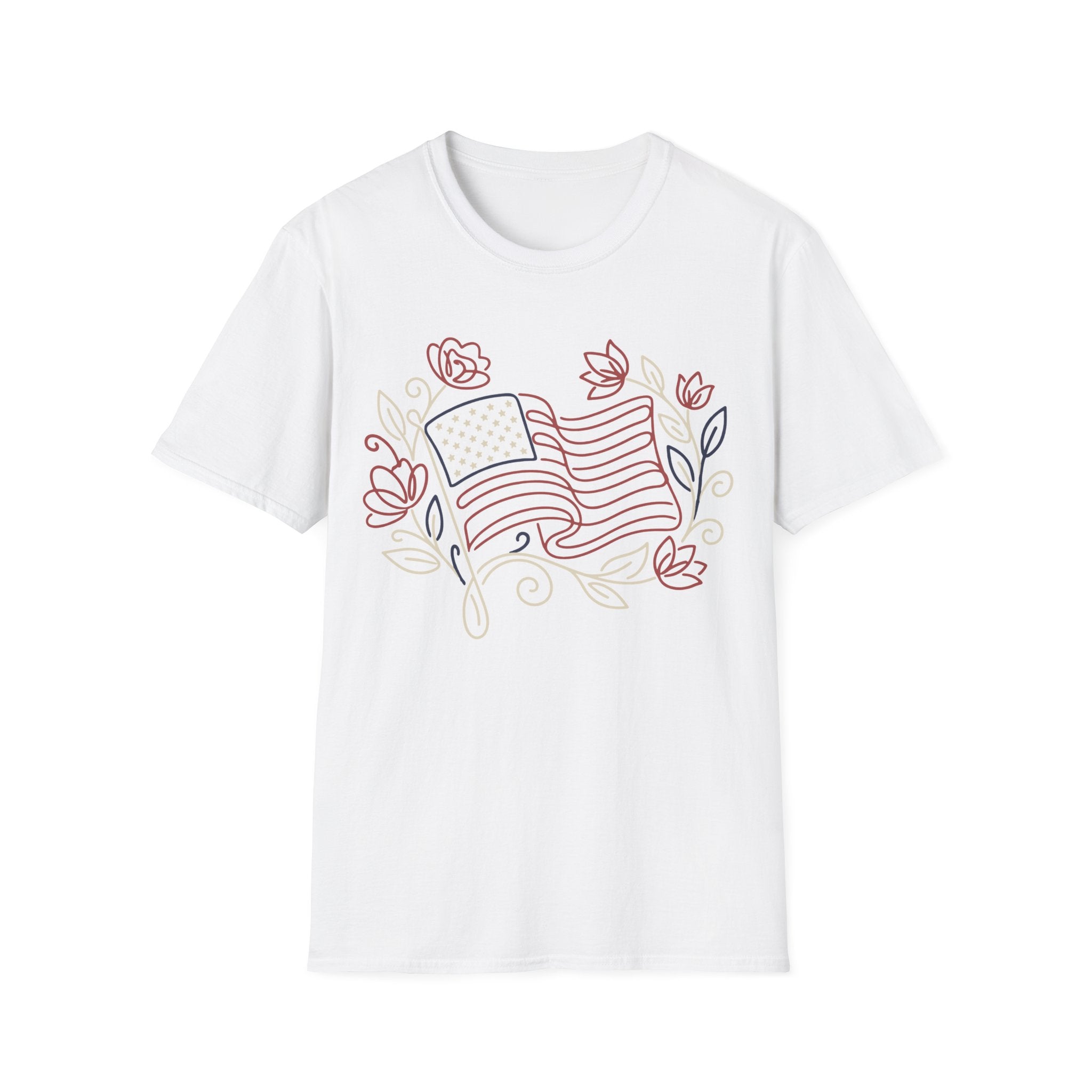 Elegant Floral Line Art American Flag T-Shirt | Botanical Patriotic Tee