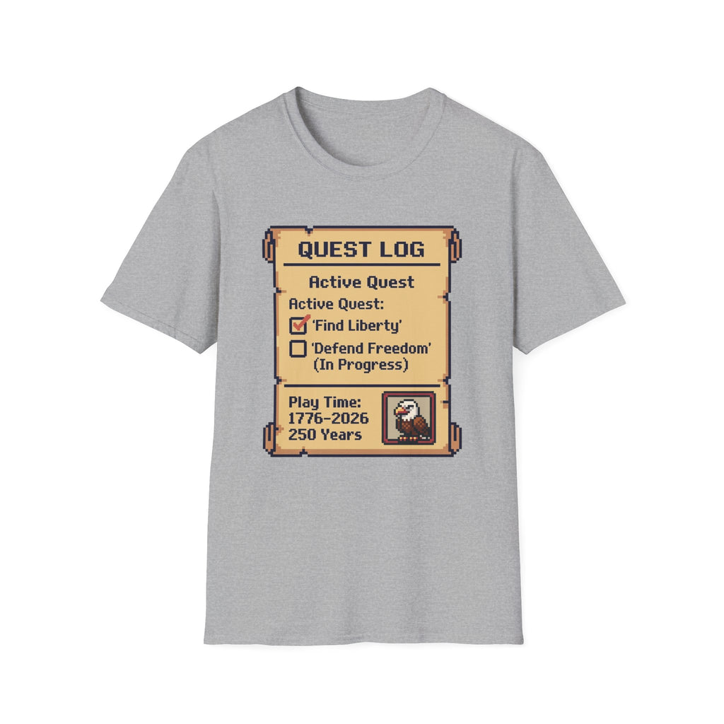 8-Bit Quest Log Patriotic T-Shirt | America 250th Anniversary RPG Gamer Tee