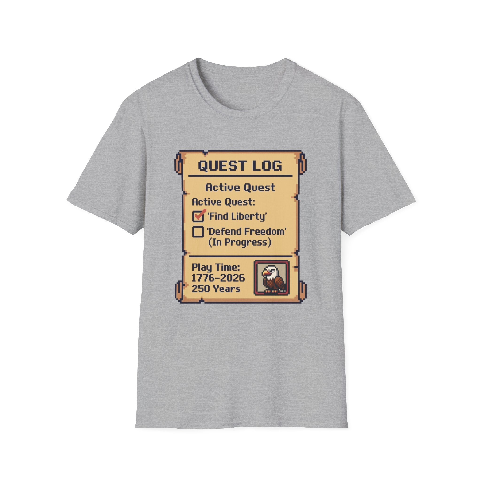 8-Bit Quest Log Patriotic T-Shirt | America 250th Anniversary RPG Gamer Tee